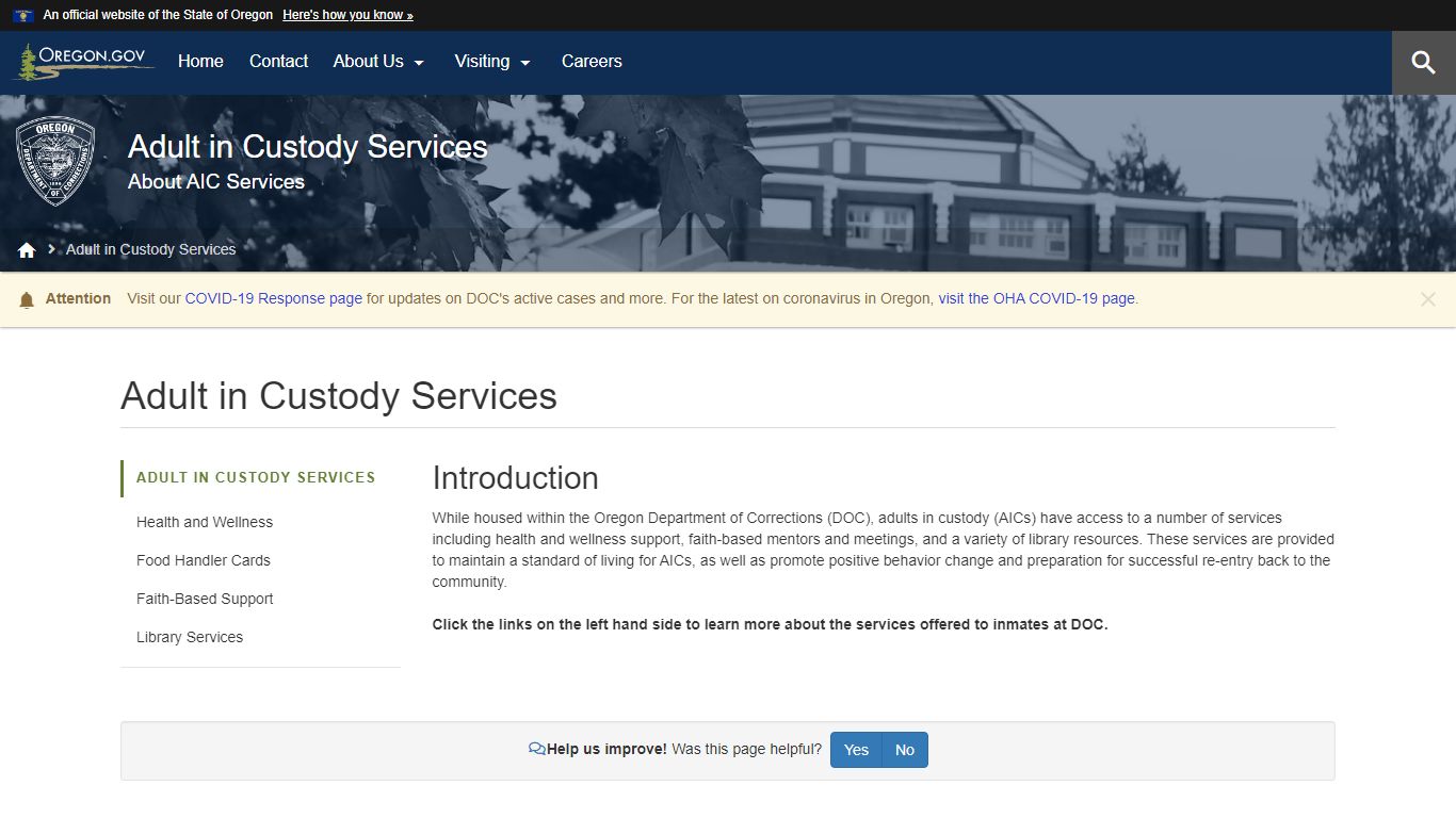 Department of Corrections : Adult in Custody Services - Oregon